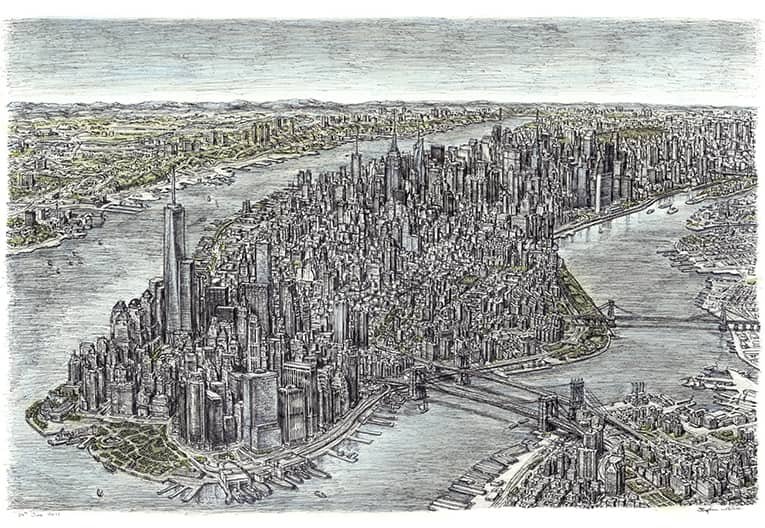 Prints of Aerial view of Manhattan Skyline 2011 Drawing