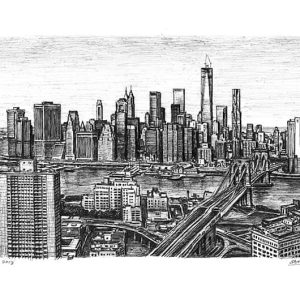 Birds eye view of the Freedom Tower and Brooklyn Bridge