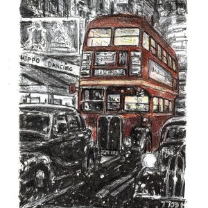 Prints of RT London bus on a winters night Drawing