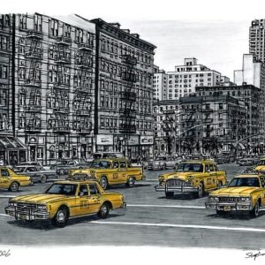 Prints of Street scene with New York taxis Drawing