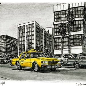 Prints of Yellow Taxi passing by Wilshire Boulevard