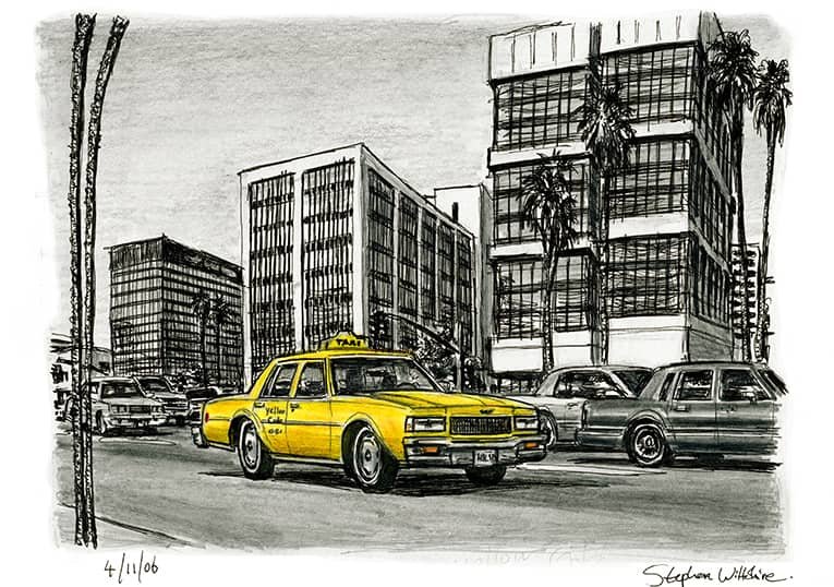 Prints of Yellow Taxi passing by Wilshire Boulevard