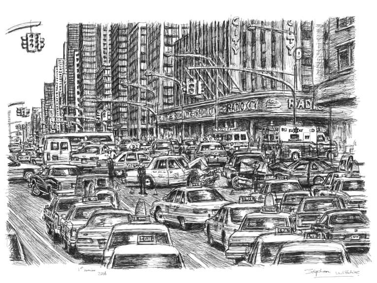 Drawing of Traffic chaos in New York City