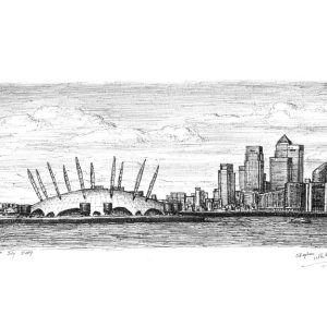 Drawing of Millennium Dome and view of Canary Wharf