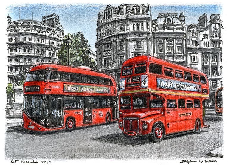 Prints of The old and new Routemaster buses Drawing