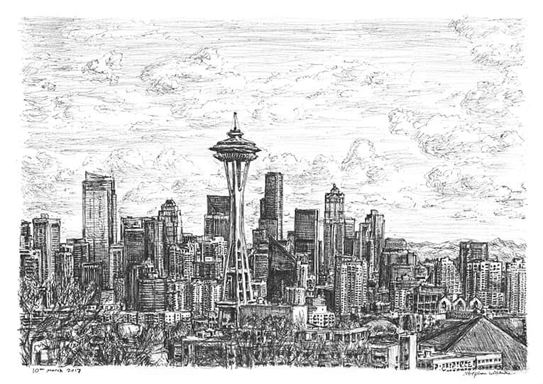 Prints of Seattle skyline Drawing - Art for Sale