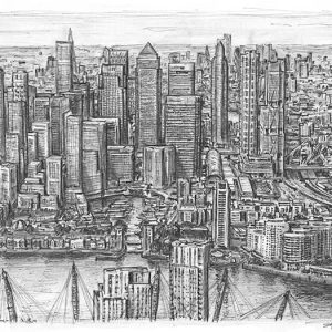 Frame the Original Clusters of Canary Wharf skyscrapers in 2030 by Stephen Wiltshire