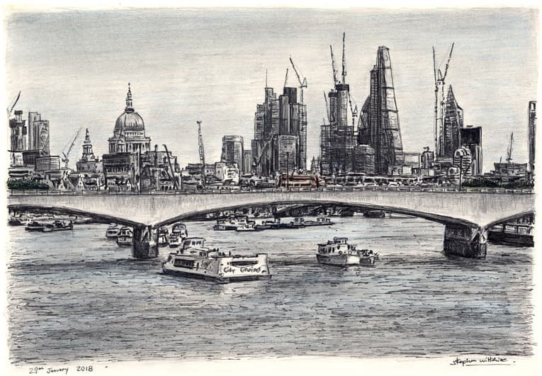 Prints of View of London skyline from Waterloo Bridge