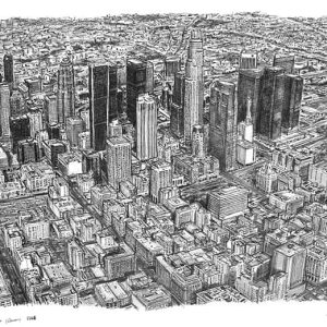 Prints of Aerial view of Los Angeles Skyline Drawing
