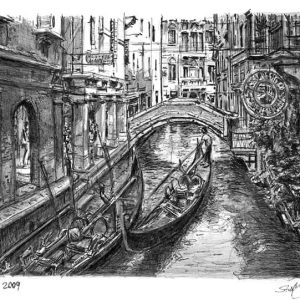 the Original Drawing of Two gondolas in Venice