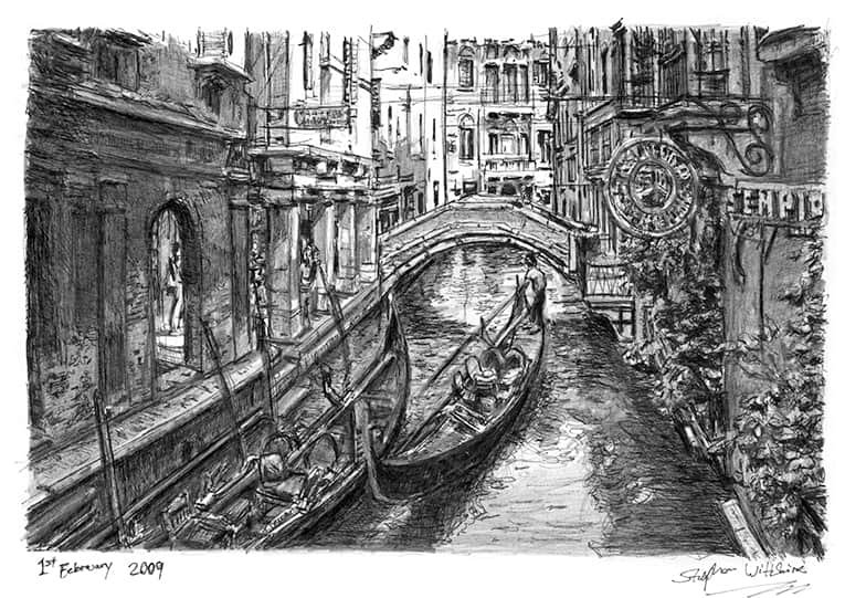 the Original Drawing of Two gondolas in Venice