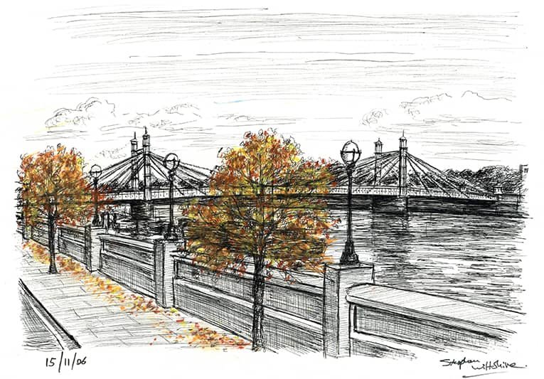 Prints of Albert Bridge Drawing - Cityscape Art