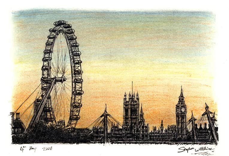 Prints of London Eye and Houses of Parliament Drawing
