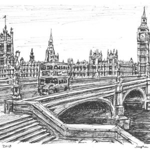 Drawing Houses of Parliament from Westminster Bridge London