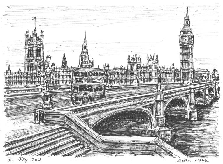 Drawing Houses of Parliament from Westminster Bridge London