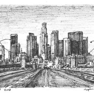Drawing of Downtown Los Angeles skyline, USA