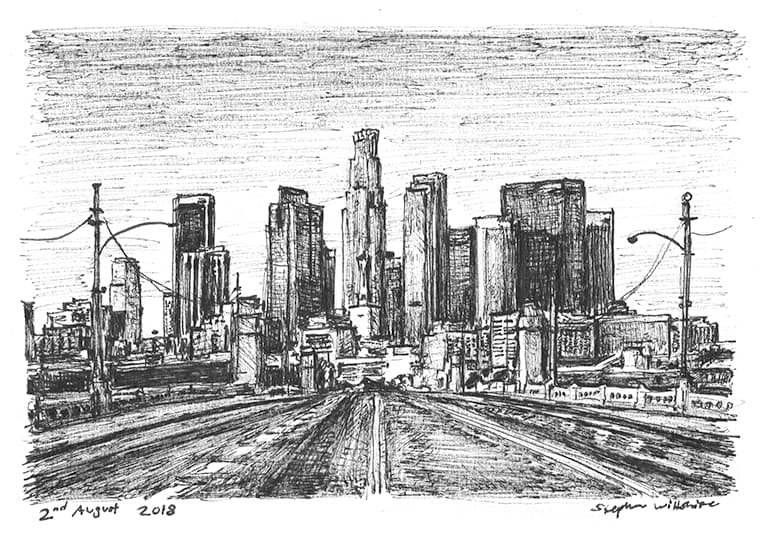 Drawing of Downtown Los Angeles skyline, USA