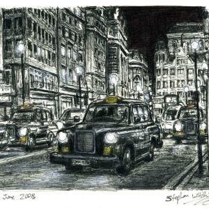 Drawing of London Taxi Cab at Haymarket at night