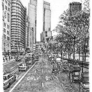 Drawing Street scene at Central Park with horse drawn carts