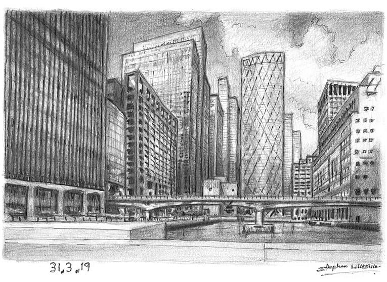 Drawing of Heron Quays skyline at Canary Wharf