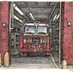 Frame Fire truck at River Street, Lower Manhattan, New York by Stephen Wiltshire
