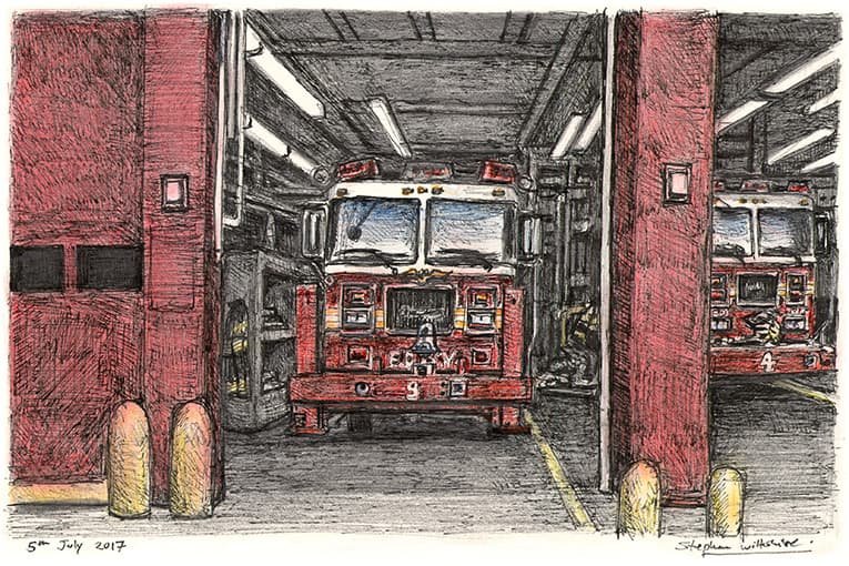 Frame Fire truck at River Street, Lower Manhattan, New York by Stephen Wiltshire