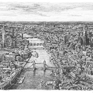 Drawing Aerial view of Tower Bridge and River Thames, London