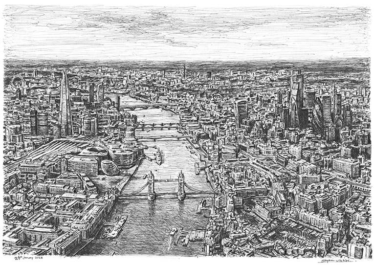 Drawing Aerial view of Tower Bridge and River Thames, London