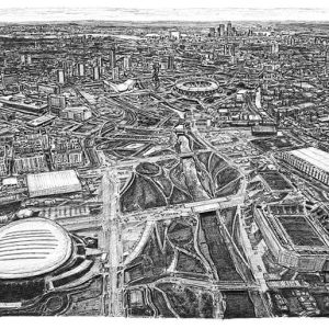 the Original or Aerial view of the Olympic village at Stratford