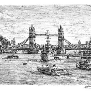 Prints of HMS Belfast and Tower Bridge London Drawing