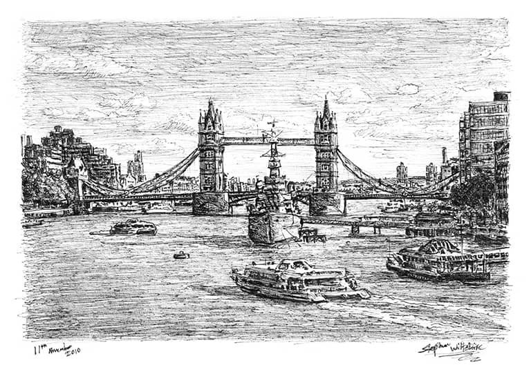 Prints of HMS Belfast and Tower Bridge London Drawing