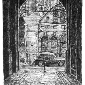 Prints of Taxi and cobbled alley Drawing