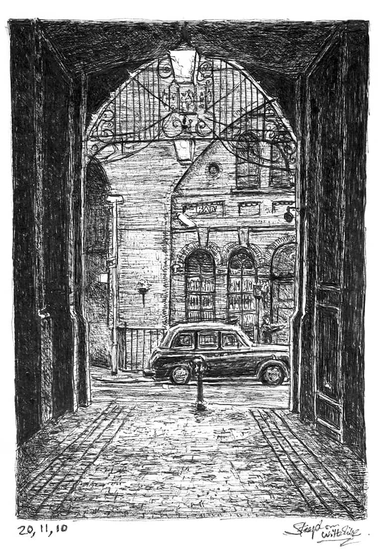 Prints of Taxi and cobbled alley Drawing