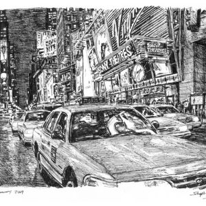 Drawing of New York taxis at Times Square