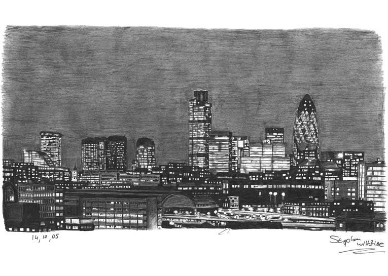 Prints of London City Skyline at night Drawing