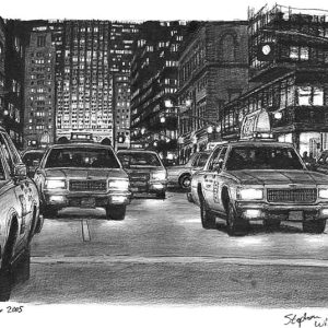 Some yellow New York taxis at Park Avenue at night