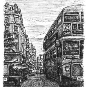 Prints of London Taxi and Bus at Haymarket Drawing
