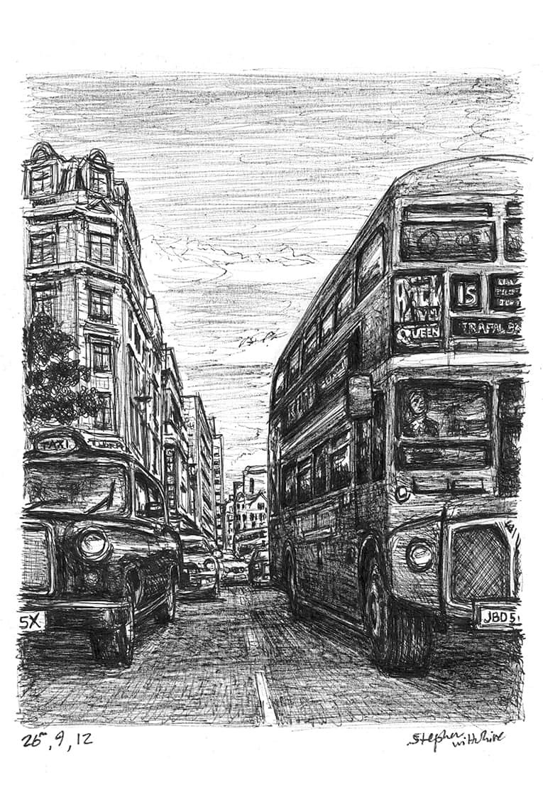 Prints of London Taxi and Bus at Haymarket Drawing