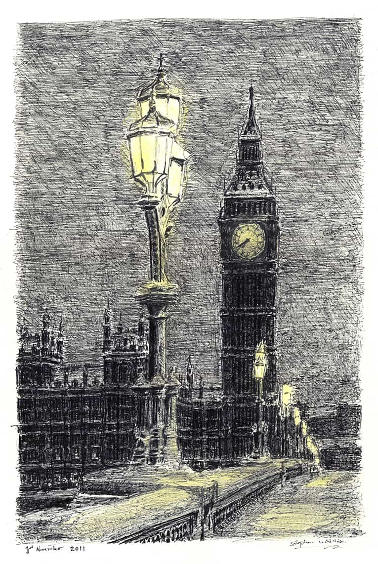 Prints of Big Ben on a winter evening Drawing