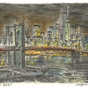 Drawing of Brooklyn Bridge at night