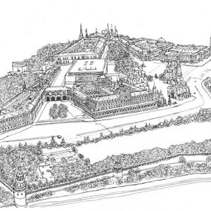 Drawing of Aerial view of the Kremlin, Moscow 1990