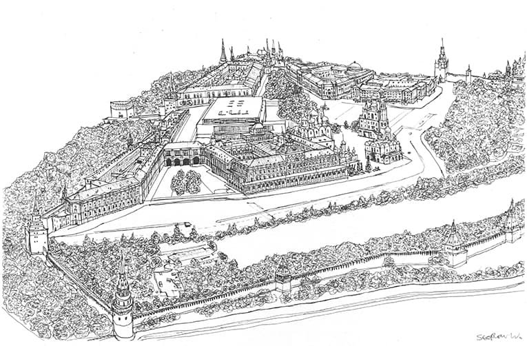 Drawing of Aerial view of the Kremlin, Moscow 1990