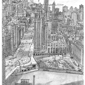 of Aerial view of Chicago with Lake Michigan