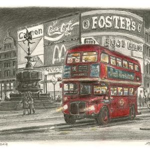 Drawing of London bus at Piccadilly Circus, London