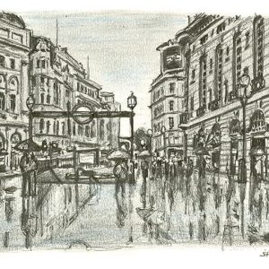 Drawing of Piccadilly Circus on a rainy day