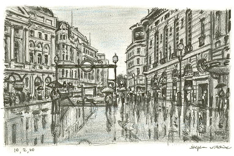 Drawing of Piccadilly Circus on a rainy day