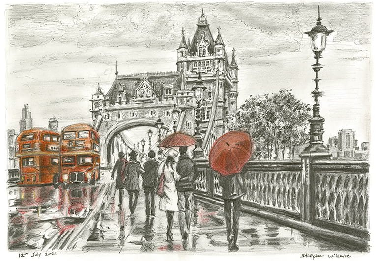 Drawing of Tower Bridge in the rain