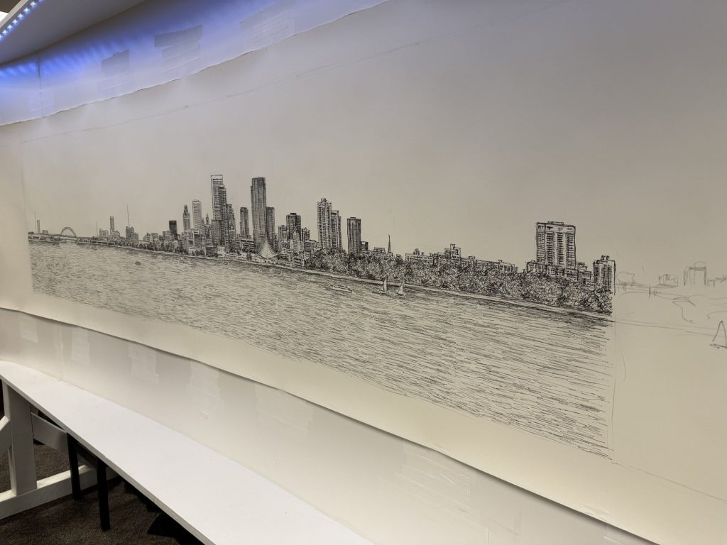 Stephen Wiltshire ten foot pen and ink panorama of the Milwaukee skyline drawn from memory