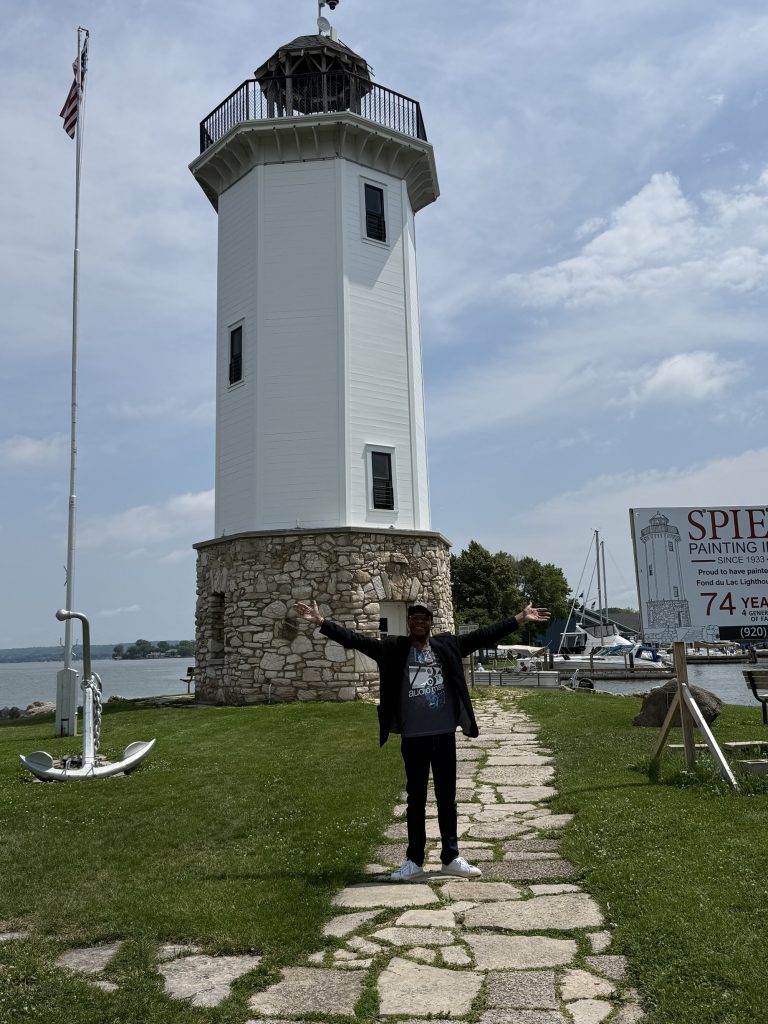 Stephen Wiltshire at the Fond du Lac lighthouse in Lakeside Park, Wisconsin