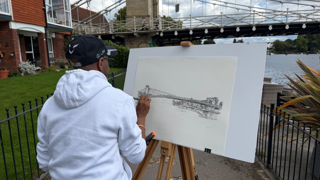 Stephen Wiltshire drawing Marlow Bridge beside the River Thames